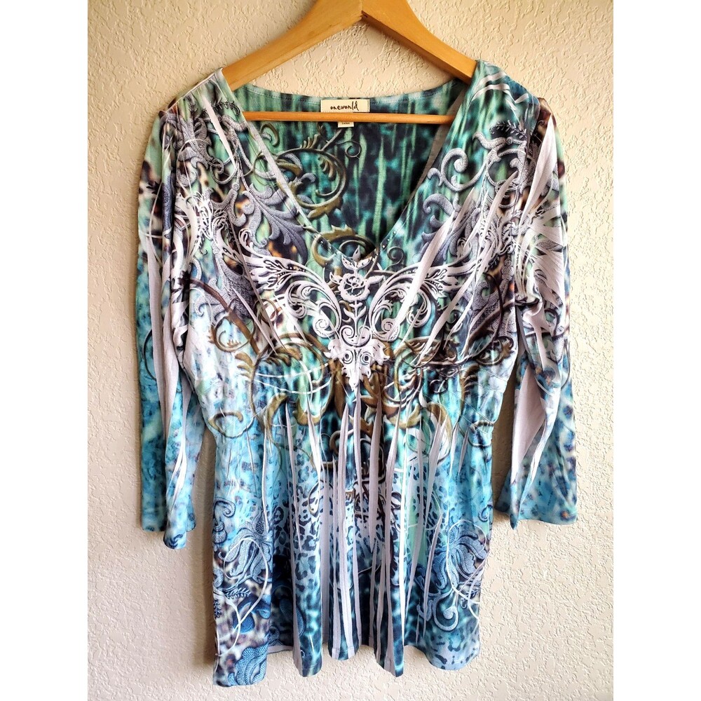One World Top Sublimated Print 3/4 Sleeve Ruched Empire Waist Heat Set Rivets L